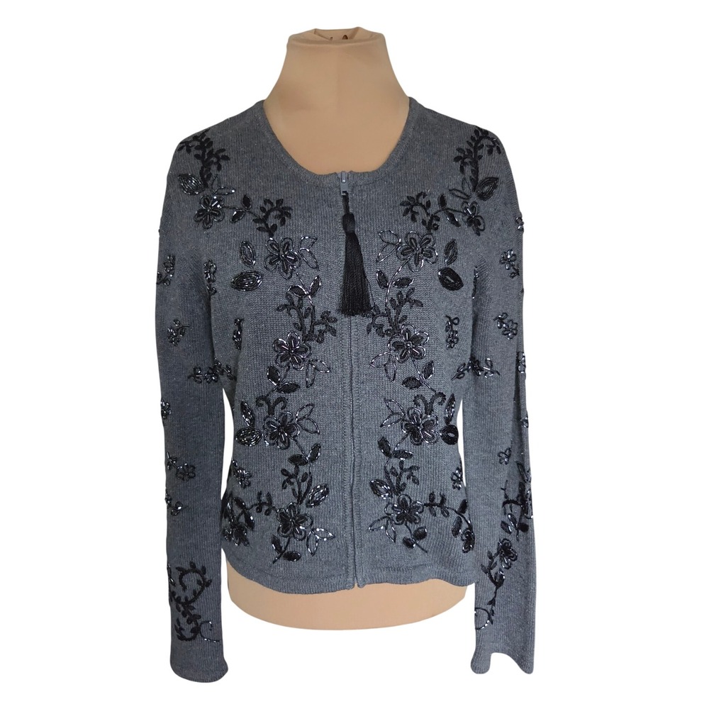 Elana Carello Vintage 90s Gray Beaded Floral Embroidered Zip Cardigan Womens S